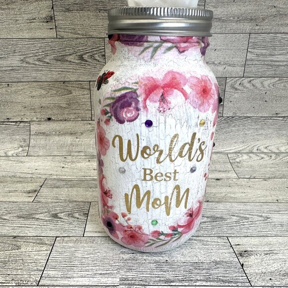 Handmade Decoupage Large Mason Jar Tissue Holder "World's Best Mom" - Picture 6 of 7